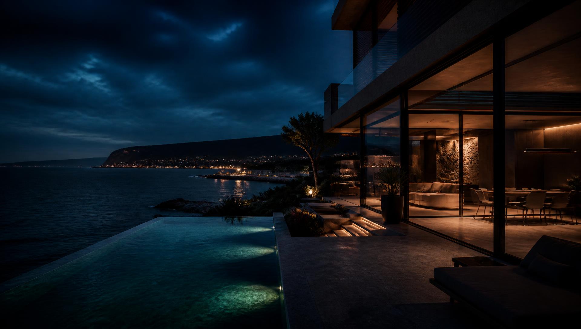 Luxury coastal property at blue hour