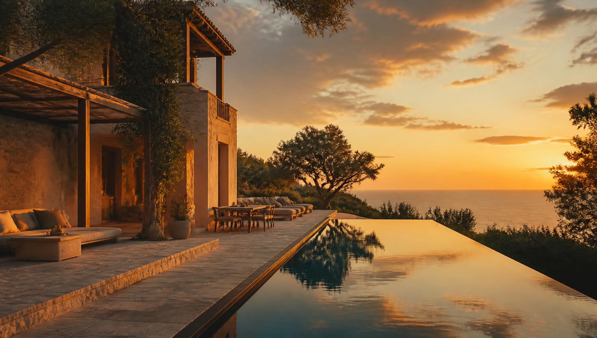 Mediterranean luxury villa with infinity pool at sunset