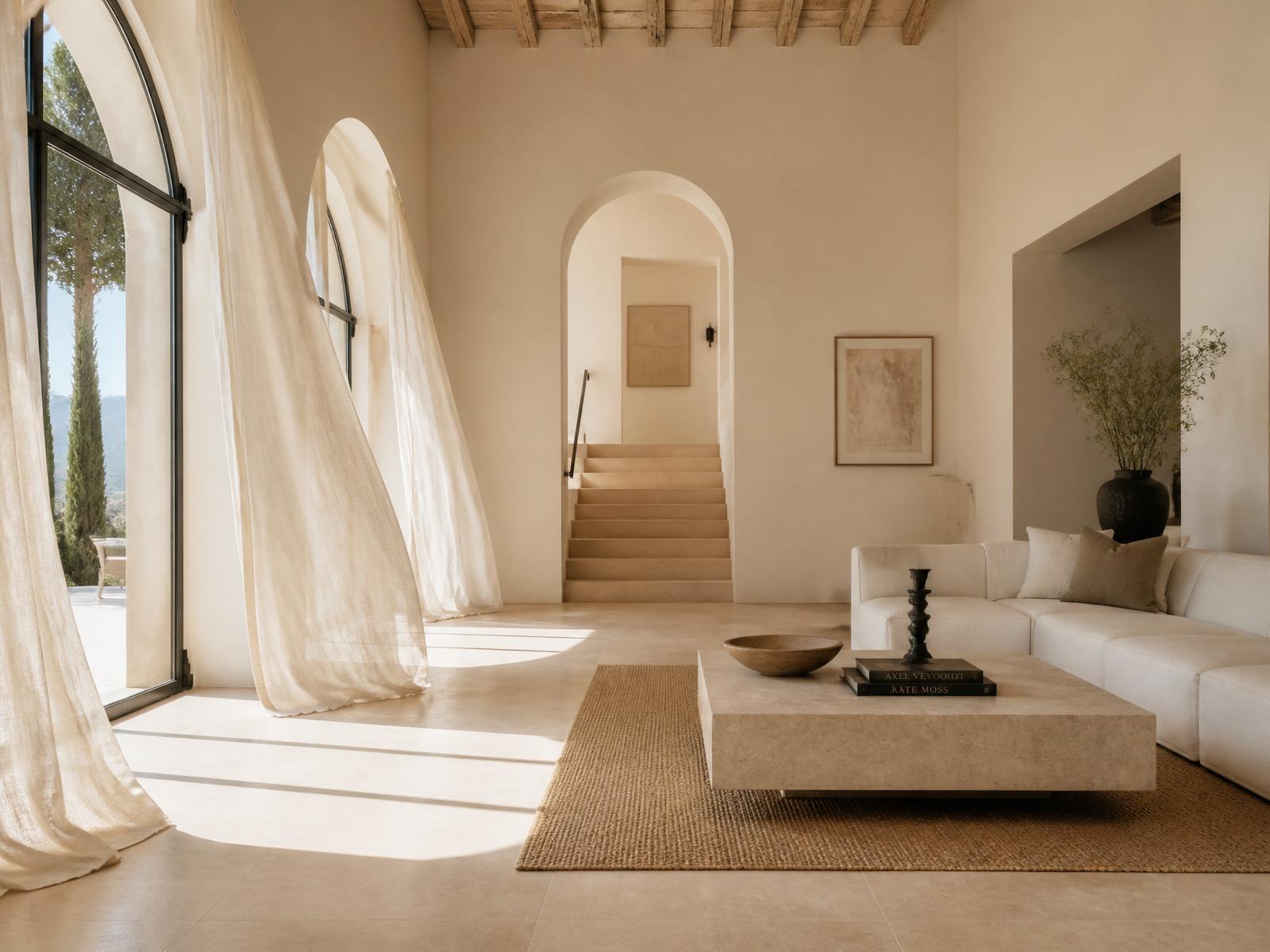 Sunlit Mediterranean villa interior with arched windows