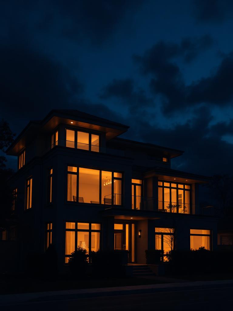Luxury house exterior glowing at night