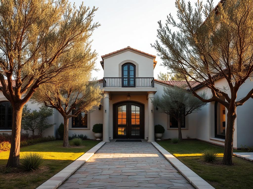 Villa entrance framed by olive trees